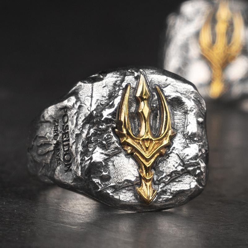 Bague à queue unique pour homme, bijou tendance en argent, motif trident de la fureur de glace de Poséidon_voghion.com