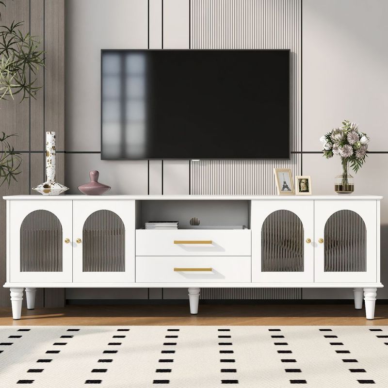 U-Can 68.9'' Retro TV Stand For TVs Up To 75 Inches, Entertainment Center Media Console With Fluted Glass Doors And Five Solid Wood Legs For Living_voghion.com