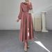 Women's Clothing Muslim Solid Color Sleeves With Belt Long Fashionable Temperament Dress_voghion.com