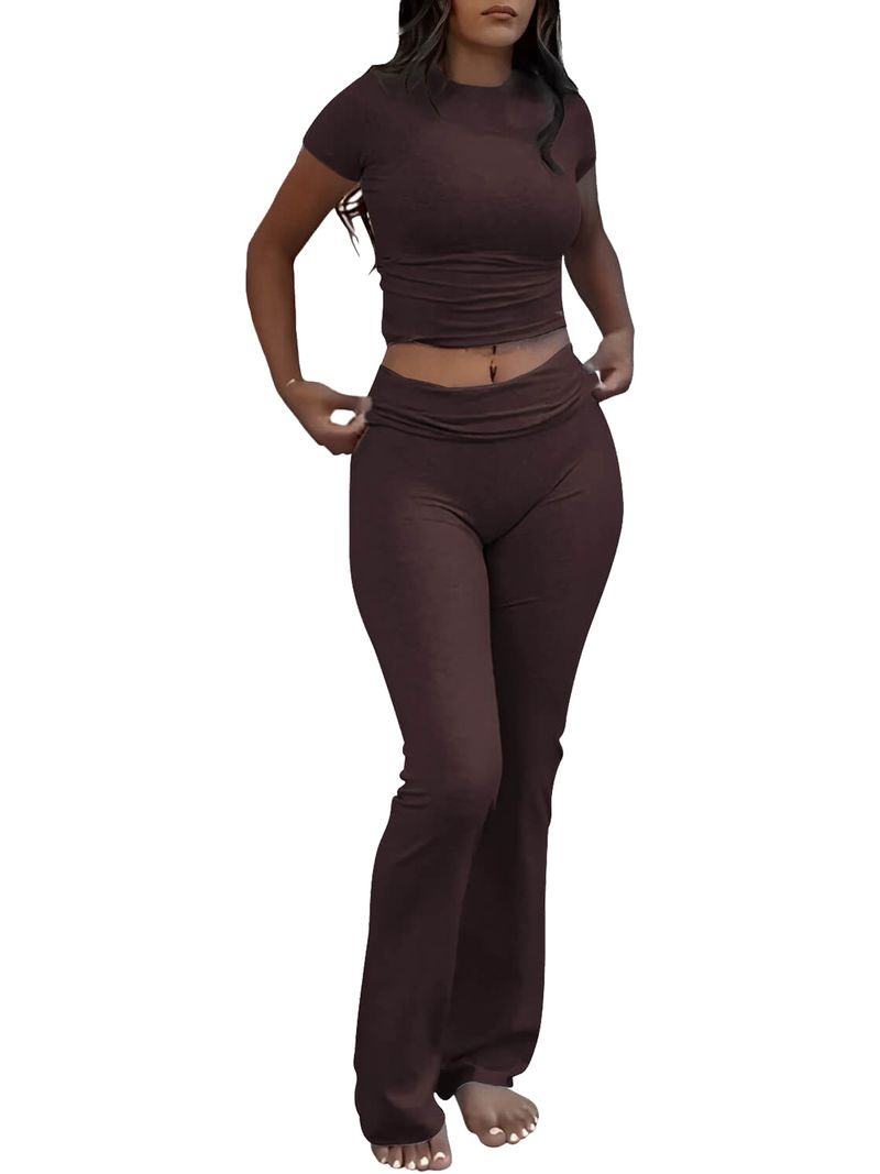 Hot Sale Casual Workout Women's Two Piece Set Round Neck T-shirt Low Waist Flare Pants Tracksuit Outfit_voghion.com