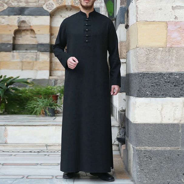 Men's Clothing New Solid Color Pocket Robe Button Simple Large Size Men's Muslim Robe_voghion.com