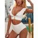 Ensemble bikini col V pour femme avec boucles métalliques et volants - Bas de bikini triangle taille haute et haut push-up - Maillots de bain blancs pour la plage et la piscine_voghion.com