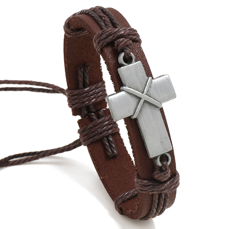 Bracciale con croce regolabile in pelle intrecciata con personalità e semplice tiraggio_voghion.com