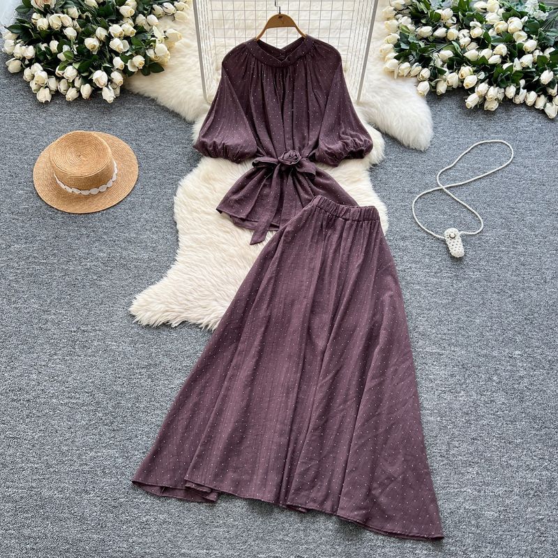 Vêtements pour femmes, chemise à manches lanternes à fleurs tridimensionnelles, taille haute, jupe trapèze slim_voghion.com