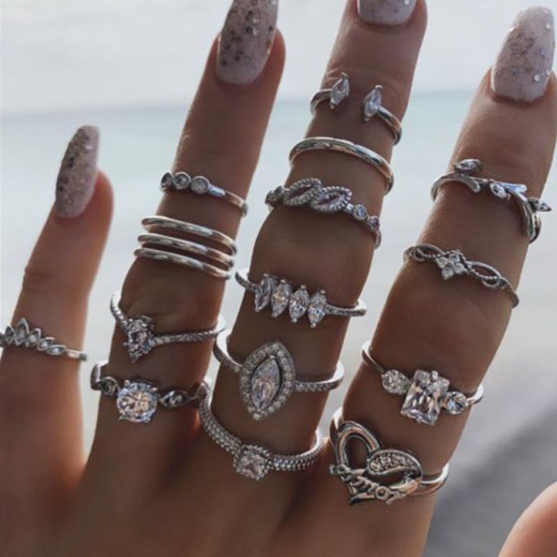Bohemian Heart Leaf Inlaid Diamond New 15-Piece Set Knuckle Rings_voghion.com