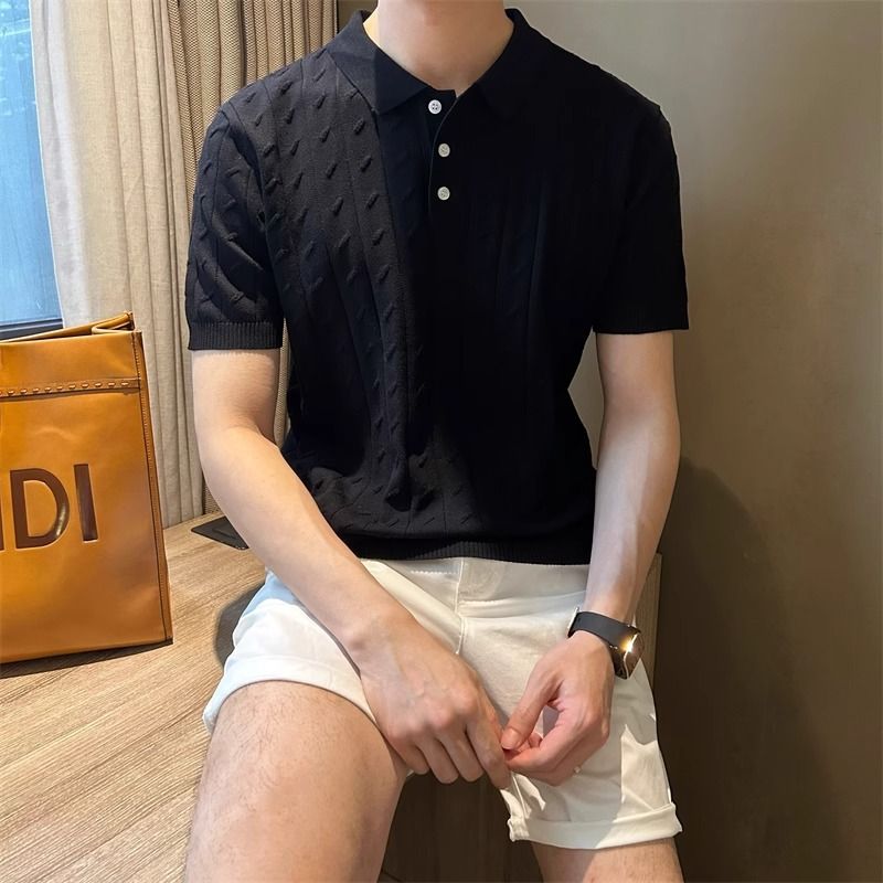 Herrenbekleidung Sommer Neuer Kurzarmpullover Strukturiertes Poloshirt für Herren Revers Slim Fit Business T-Shirt_voghion.com