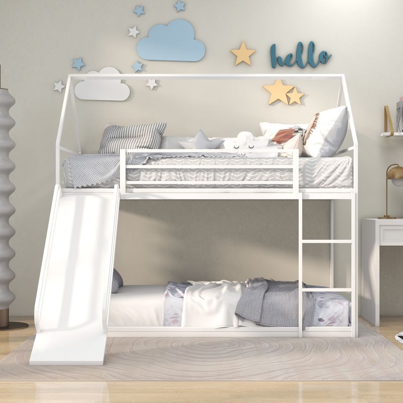 Twin Over Twin House Bed With Ladder And Slider, House Bed, Bunk Bed_voghion.com