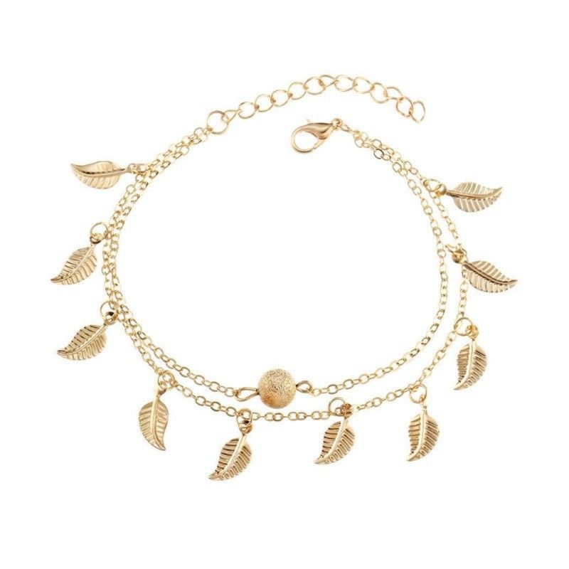 Bestselling Beach Simple Double Layer Tassel Ethnic Style Women's Small Leaf Anklet_voghion.com