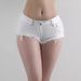 Pantaloncini in denim bianchi a vita bassa con orlo sfrangiato per donna, stile estivo sottile, aderenti ai fianchi, effetto consumato_voghion.com