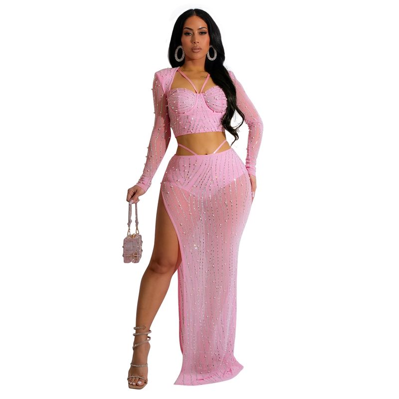 Damenbekleidung Mode Damen Einfarbig Mesh Hot Diamond Langarm Langer Rock Zweiteiliges Set_voghion.com