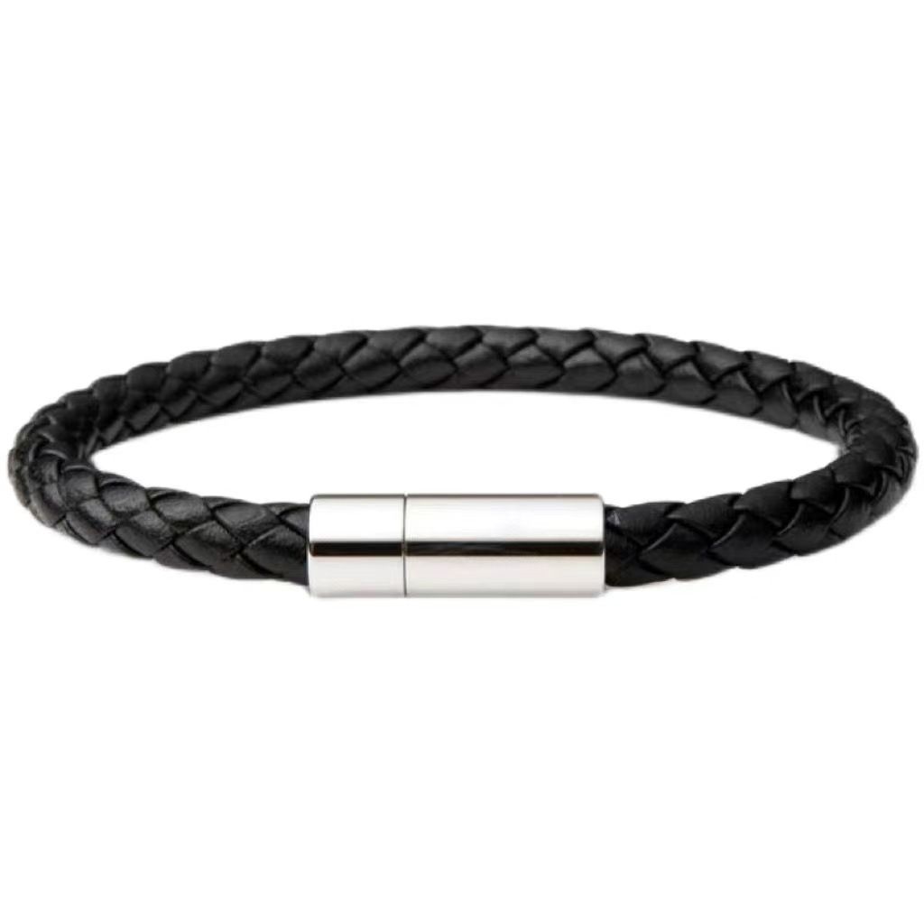 Bracciale da uomo in acciaio inossidabile intrecciato con corda in pelle, fai da te, con incisione, semplice fibbia magnetica, bracciale in pelle da 6 mm._voghion.com