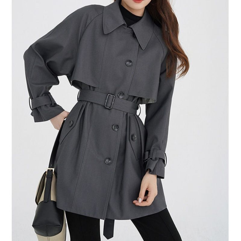 Grauer Trenchcoat für Damen, Design, modisch, koreanischer Stil, neuer britischer Stil, lässiger, lockerer langer Mantel_voghion.com