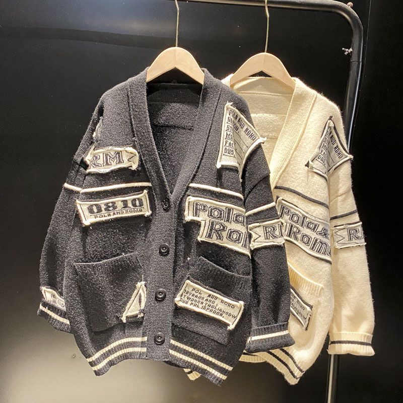 Women's Clothing retro letter patch knitted cardigan women autumn 2024 new chic niche heavy V neck sweater jacket_voghion.com