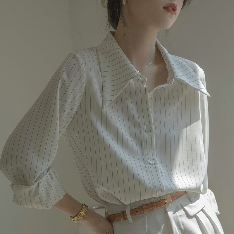 Camicia a maniche lunghe a righe stile francese autunnale da donna, design Sense, Niche Commuting Professional, top di alta gamma_voghion.com