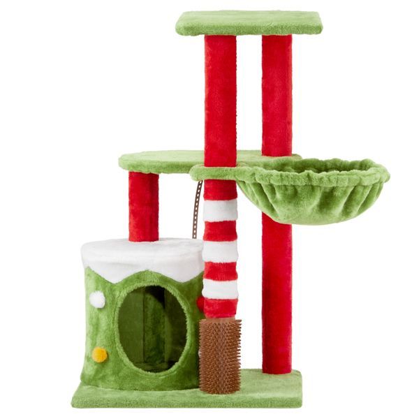 32in Cat Scratching Posts Tower With Cat Condo And Hammock, Christmas Themed Plush Cat Tree With Cat Massage Brush, Activity Center For Indoor Cats_voghion.com