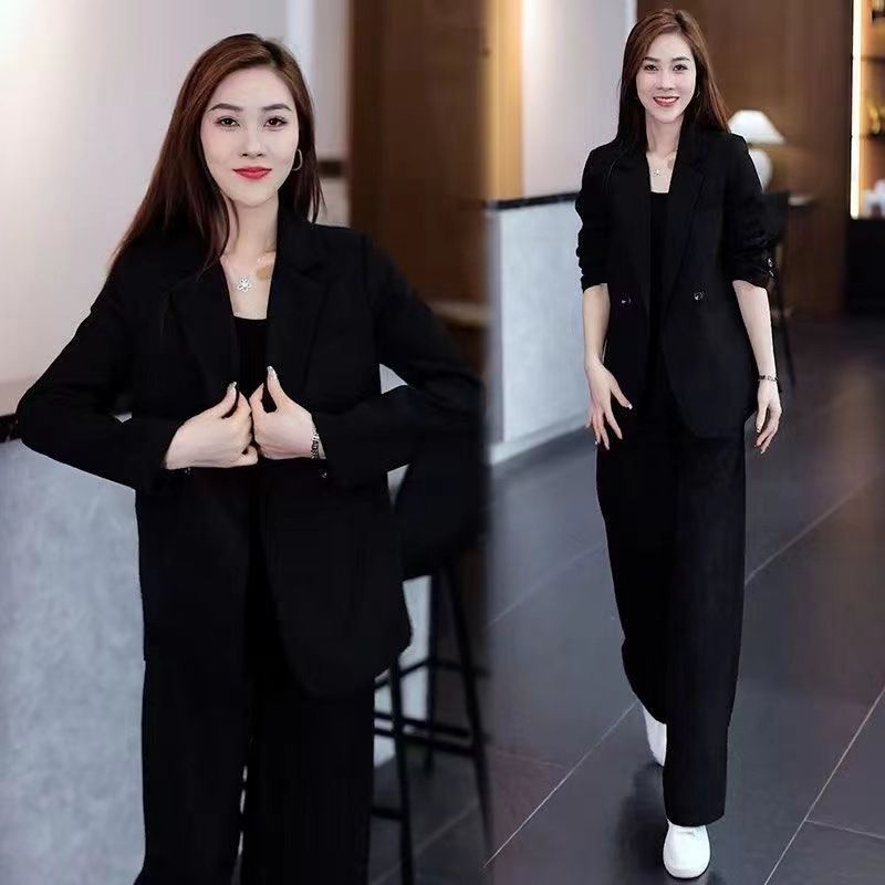 "Plus Size Women's Blazer & Wide-Leg Pants Suit Set Comfortable Business Casual Outfit Spring Autumn Stretch Fabric"_voghion.com