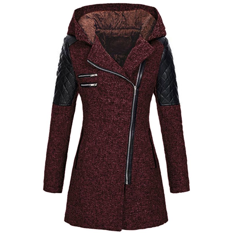 Women's Clothing Mid Length Hooded Loose Diagonal Zipper Woolen Windbreaker Jacket Composite Plush Cotton Clothes_voghion.com