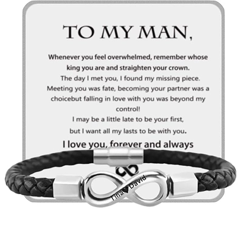 Pulsera infinita tejida a mano para hombre con cordón de cuero de 8 caracteres y acero inoxidable con grabado personalizado._voghion.com