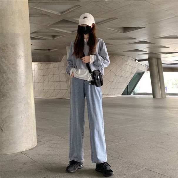 Lose weite Jeans für Damen im Herbst, koreanische Version, hoch taillierte Freizeithose für Studenten, gerades Bein und ein Gefühl_voghion.com