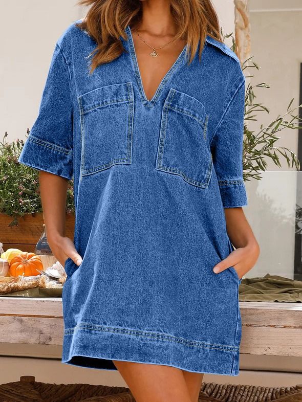 2025 Independent Station  Cross border New Products European and American Style Lapel Short Sleeve Loose Denim Dress 3223_voghion.com