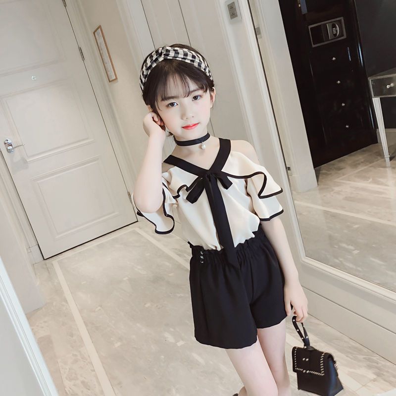 Kid's Clothing Girls summer suits 2024 new children's summer sling off shoulder chiffon tops children's two piece suits trendy_voghion.com