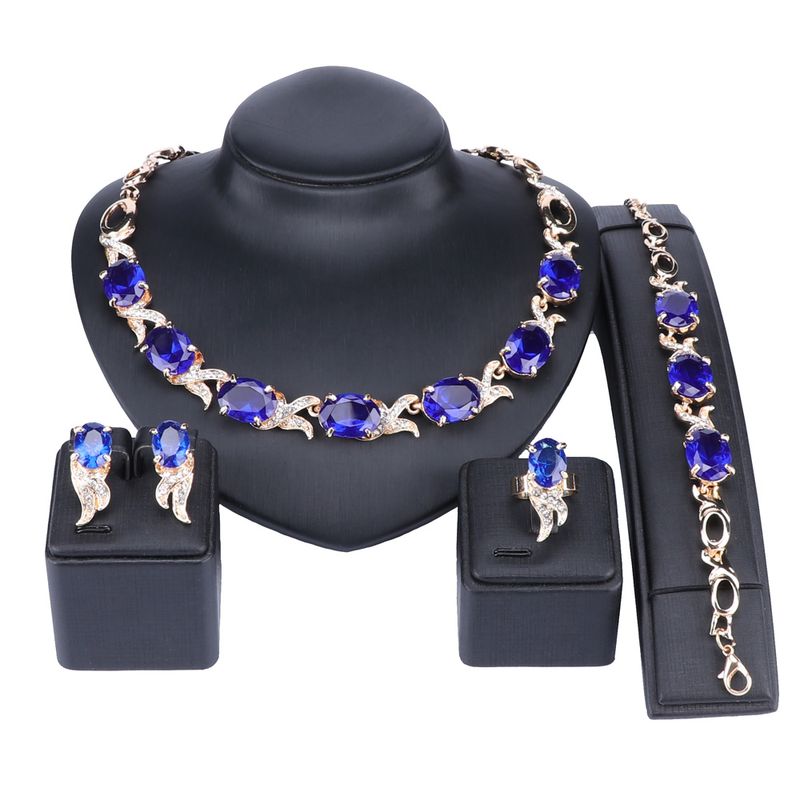 Austrian Crystals Bridal Jewelry Sets Gold Color Blue Dubai  for Women Necklace Bracelet Earrings Ring Bridal_voghion.com