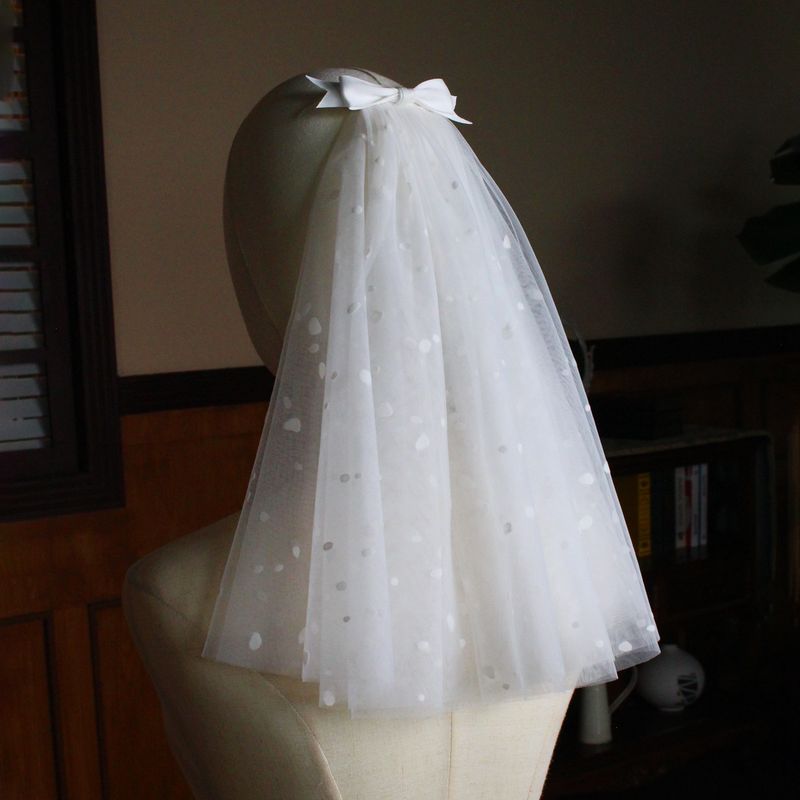Unisex White flocking polka dot bridal veil Mori super fairy double small bow wedding photo headdress_voghion.com