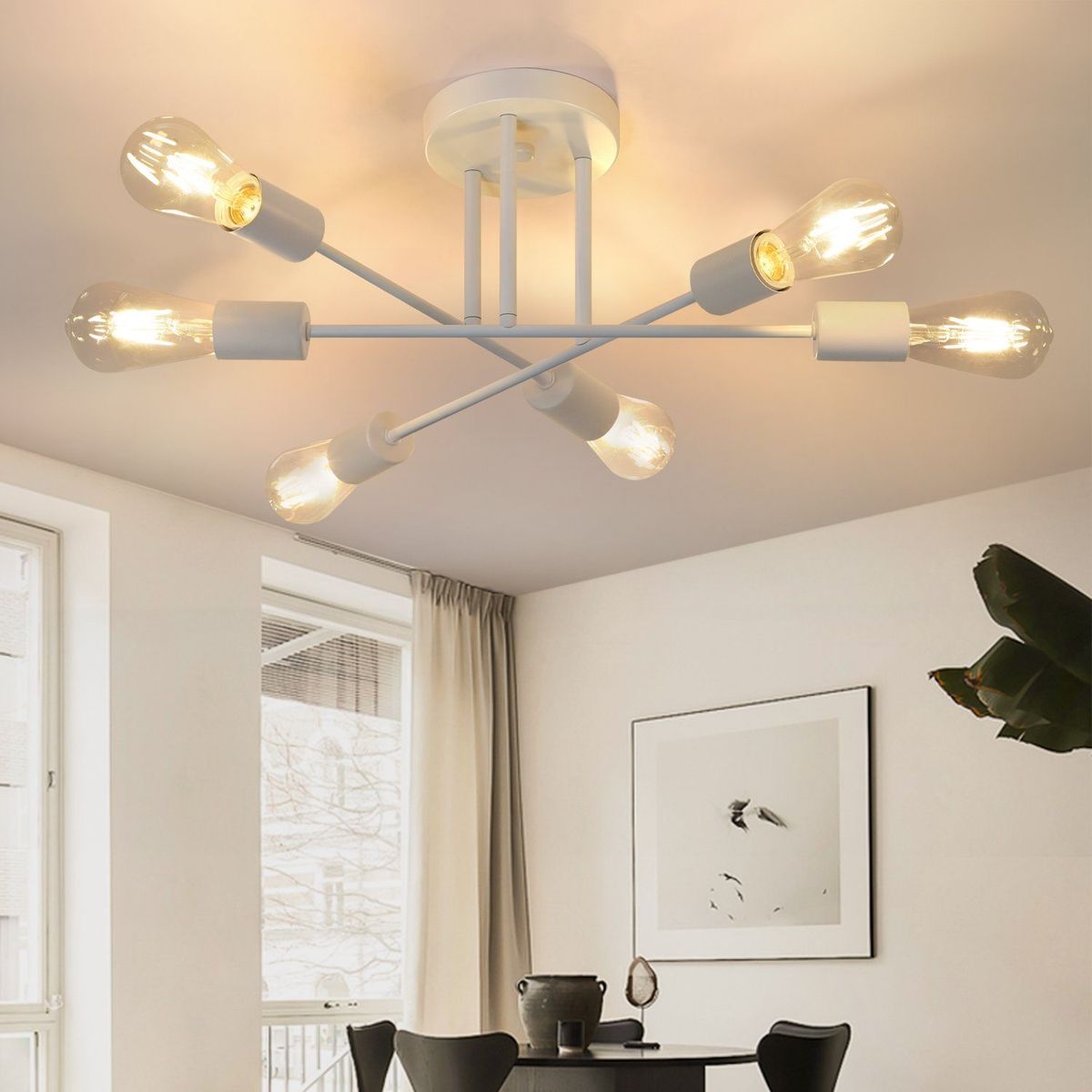 Glitzerlife Deckenlampe Vintage Deckenleuchte Wohnzimmer - E27 Schlafzimmerlampe 6 Flammig Kronleuchter Weiß Esstischlampe Industriell Rustikal Stil Beleuchtung_voghion.com