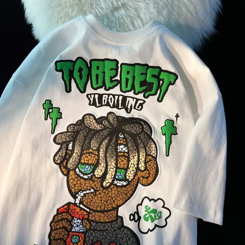 Camiseta de manga corta con diseño estampado de dibujos animados europeo-americanos para hombres y mujeres, blusa holgada de media manga de moda urbana_voghion.com