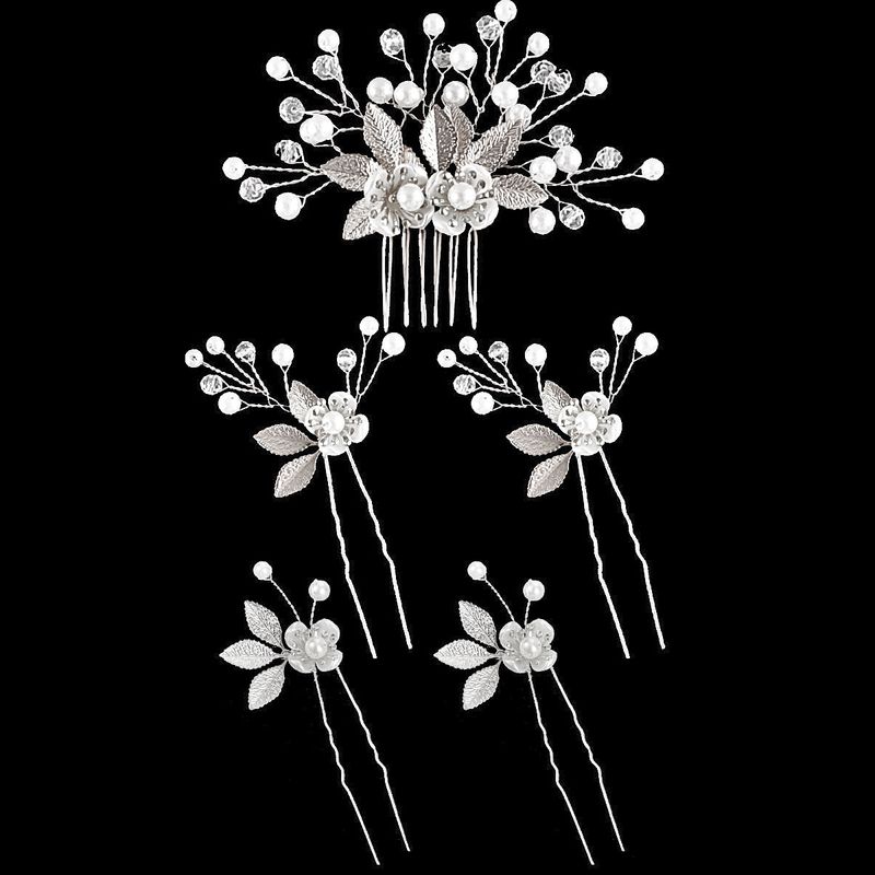5 PCS Gold Leaf Hair Clips Flower Pearl Hair Forks Bridal Hair Clip Headpieces Vintage Wedding Hair Accessories for Women_voghion.com