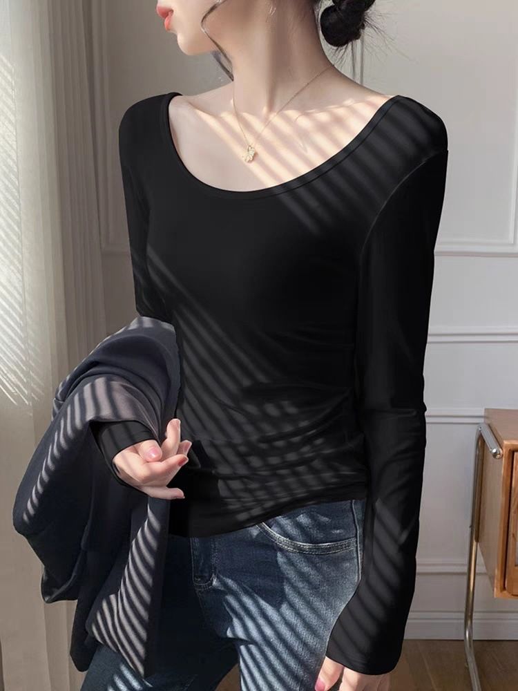 Ragazza Tinta Unita Manica Lunga Slim Largo Stile Pigro Bianco Girocollo Interno Esterno Maglietta Termica Dimagrante Base per Donna_voghion.com