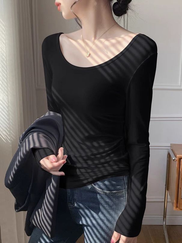 Ragazza Tinta Unita Manica Lunga Slim Largo Stile Pigro Bianco Girocollo Interno Esterno Maglietta Termica Dimagrante Base per Donna_voghion.com