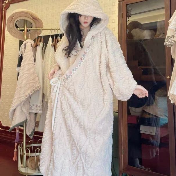 Pigiama da notte con cappuccio, accappatoio e mantello da donna, in pile corallo dolce, per autunno e inverno_voghion.com