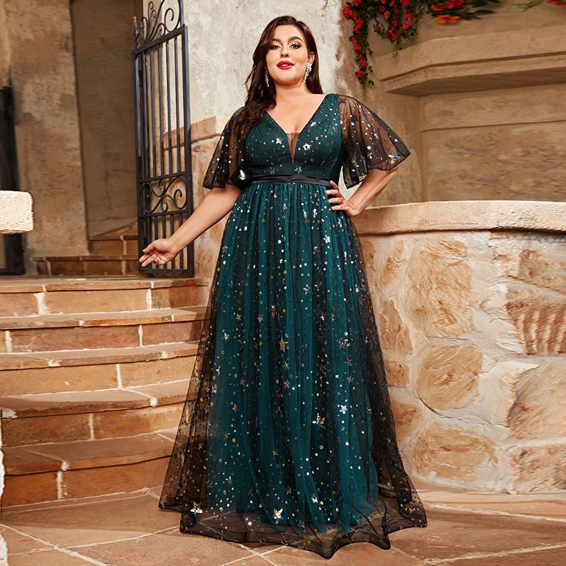 Damenbekleidung Abendkleid Neuer Stil Funkelnde Puffärmel V-Ausschnitt Großes Swing-Feen-Abendkleid Super-Feen-Kleid_voghion.com