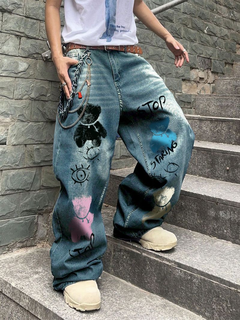 Men's Clothing Design Printed Jeans Men'sTrendy Brand New Wide Leg Straight Leg Mopping Pants_voghion.com