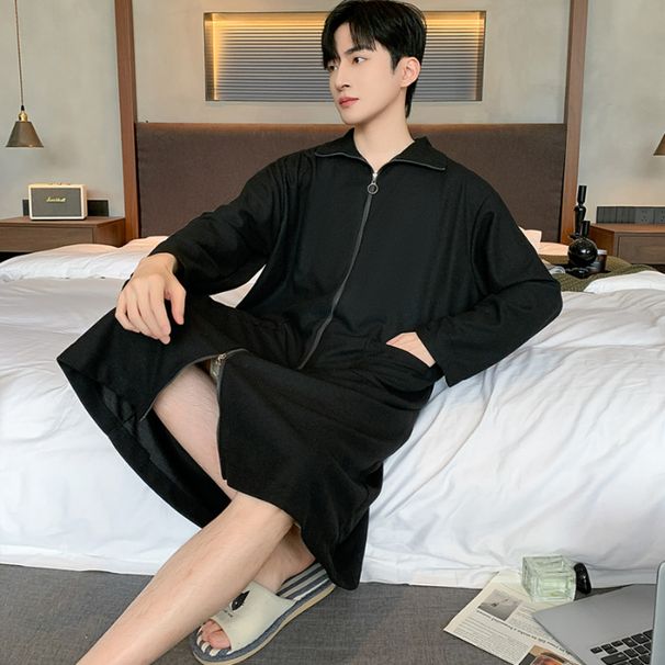2024 Herbst neuer Waffelkragen, langärmeliges Nachthemd mit Reißverschluss für Paare, Pyjamas, Heimkleidung für Männer und Frauen kann getragen werden_voghion.com