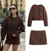 Balloon-Sleeve Jacket & Mini Skirt Set – Oversized Cropped Coat With Button-Detail Skirt (XS-L, Dark Brown)_voghion.com