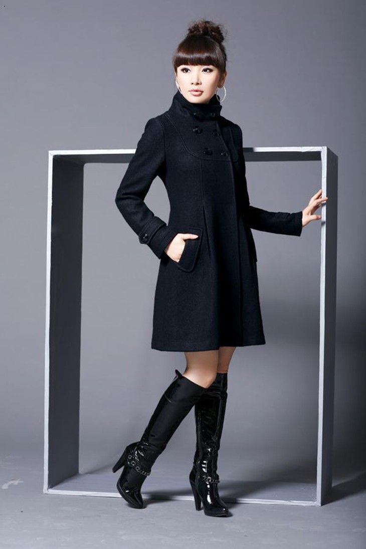 Cappotto da donna di media lunghezza in lana con giacca a vento a mantella doppiopetto con cappuccio_voghion.com