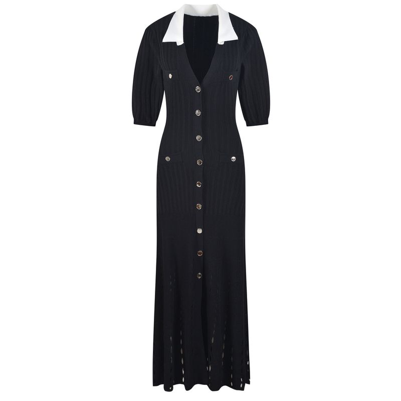 Vêtements pour femmes printemps et été nouvelle mode ins style français élégant revers contraste couleur mince creux manches courtes tricoté jupe longue robe_voghion.com