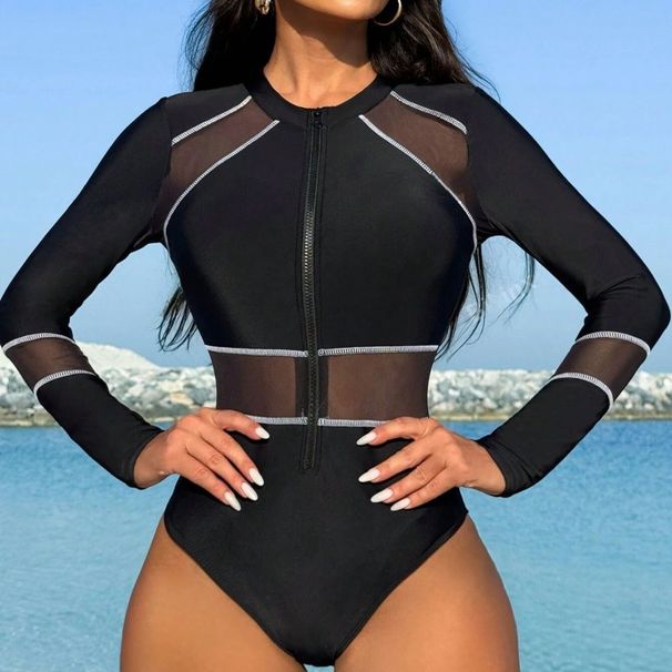 Women's Clothing Mesh Splicing Zipper Swimsuit Long Sleeves One Piece Swimsuit Surfing Suit_voghion.com