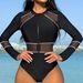 Women's Clothing Mesh Splicing Zipper Swimsuit Long Sleeves One Piece Swimsuit Surfing Suit_voghion.com