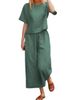 Women's large size suit linen leisure loose solid color suit two-piece suit_voghion.com