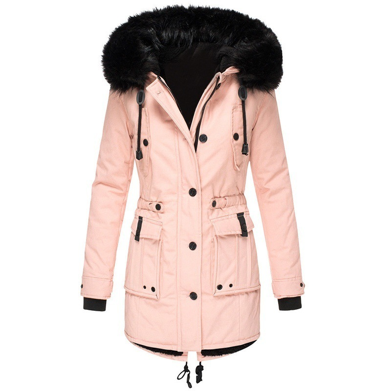 Damenbekleidung Verdickte Kapuzenjacke mit Kordelzug, mittellange, baumwollgefütterte Jacke, Tasche, lange Ärmel, Reißverschluss, Manteljacke_voghion.com