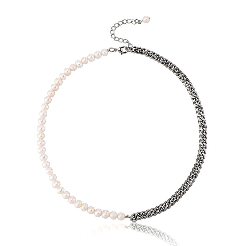 Natural Pearl Stainless Steel Cuban Chain Splicing Simple Temperament Star Same Style Versatile Necklace_voghion.com