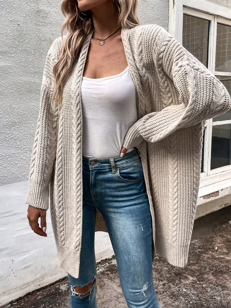 Women's mid-length hemp pattern sweater cardigan coat_voghion.com