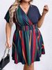 Damen Große Größen Damen V-Ausschnitt Streifen Taille Schlank Kleid_voghion.com
