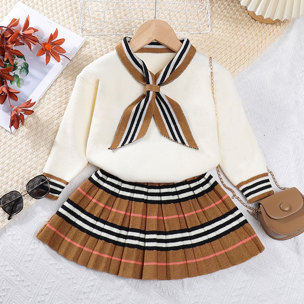 Autumn new style girls sweater skirt suit Korean style fashionable baby girl children's clothing college style sweater striped two-piece set_voghion.com