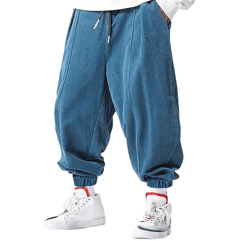 Men's Clothing Sporty Jogging Corduroy Solid Color Casual Pants With Drawstring Elastic Waist_voghion.com
