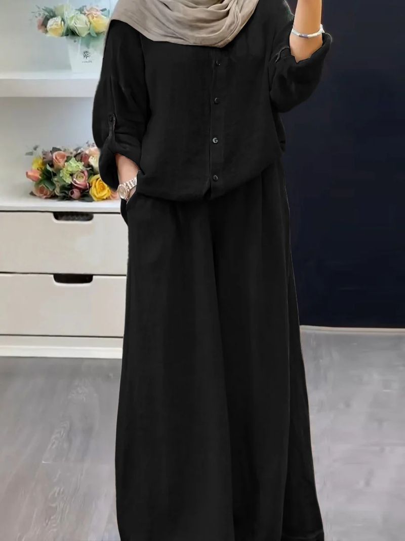 Women's Clothing Cotton And Linen Solid Color Plus Size Cotton Linen 2-Piece Set - Loose Fit Long Sleeve Shirt & Wide Leg Pants (S-5XL, 8 Colors)​_voghion.com