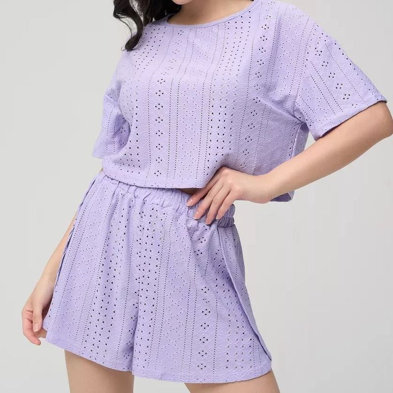Women's Loungewear Pajamas Set, Comfortable And Loose Solid Color Hollow Pajamas, Short-sleeved Shorts Two-piece Set, New In Summer_voghion.com